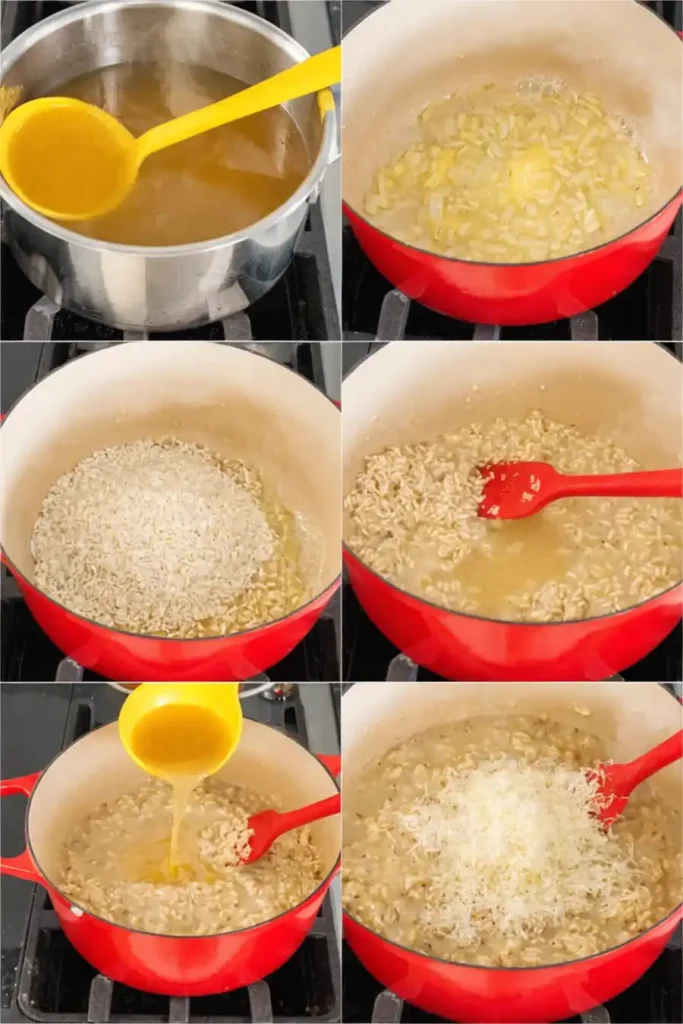 Step by step parmesan risotto recipe showing broth heating, onions sautéing, Arborio rice cooking, broth ladled in, and parmesan cheese added in a red Dutch oven.