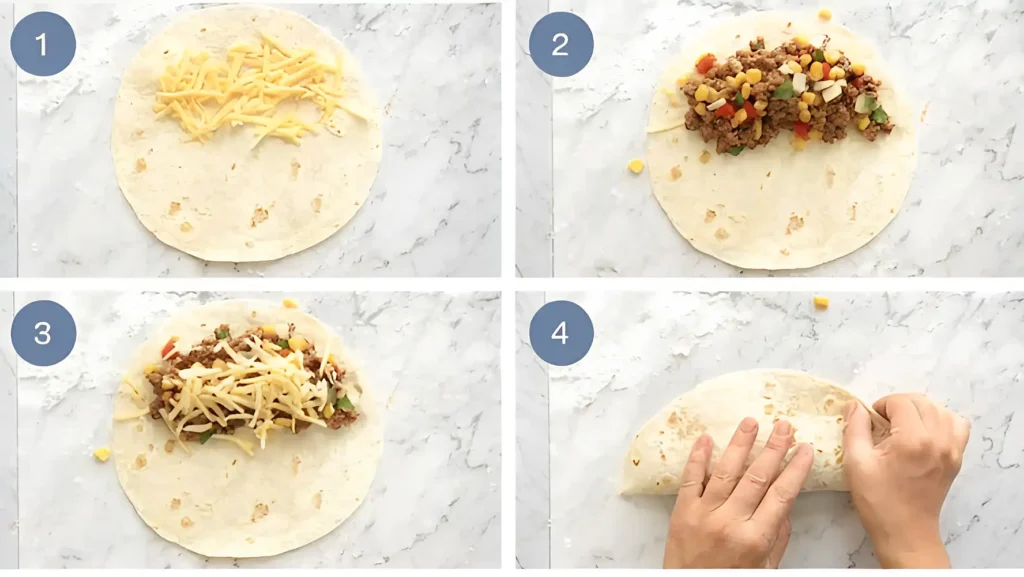 Step by step quesadilla recipe showing cheese layering, filling, and folding tortilla