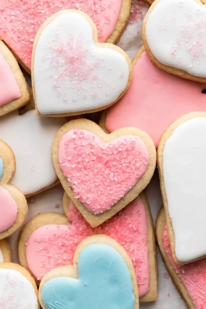 Heart shaped sugar cookies decorated with royal icing in pink, white, and blue with sugar crystals