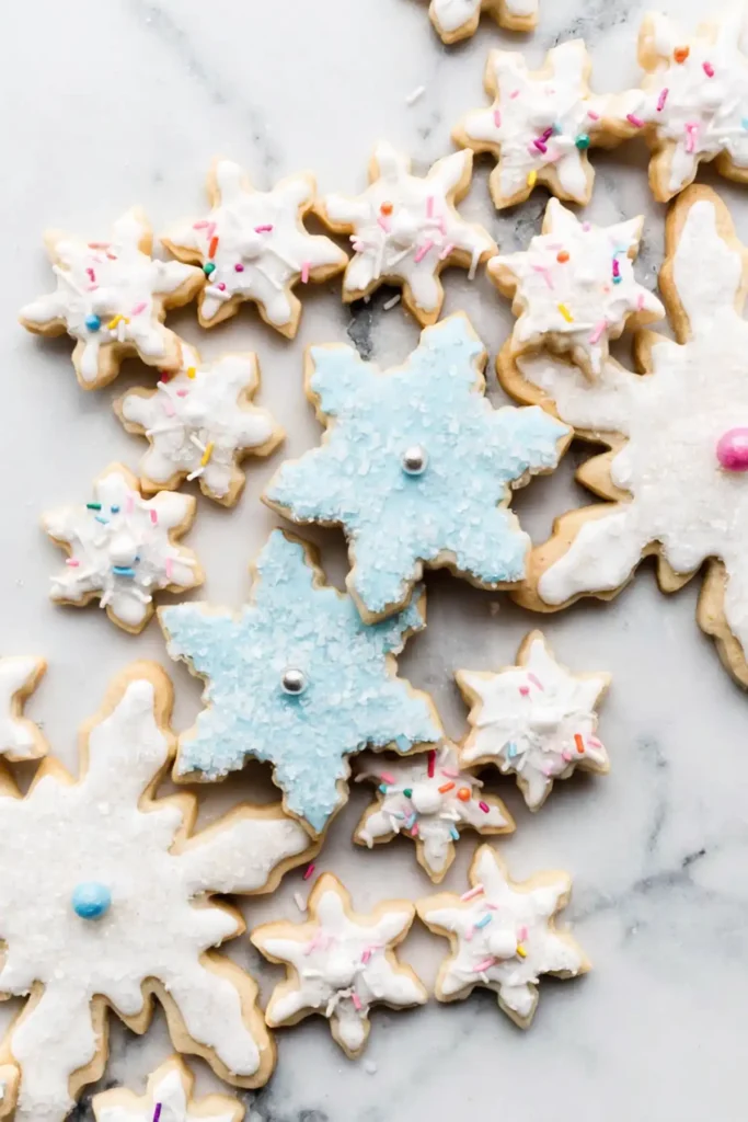 Snowflake sugar cookies decorated with royal icing recipe and sprinkles on a marble background