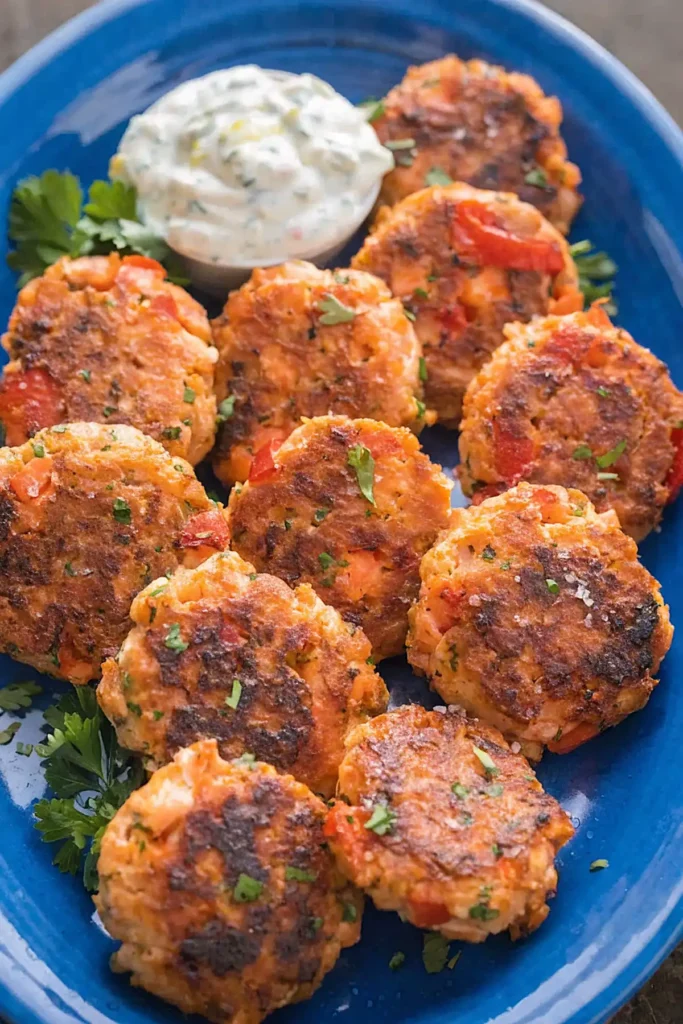 Crispy salmon cakes on a blue plate with tartar sauce and fresh parsley garnish