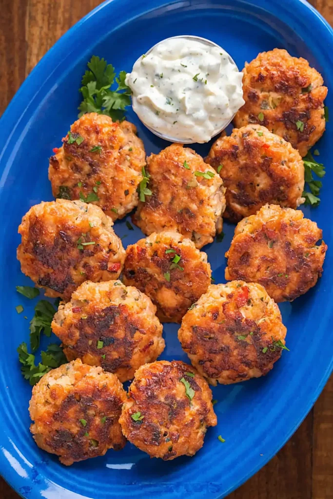 Crispy salmon patties on a blue plate served with creamy tartar sauce and fresh parsley