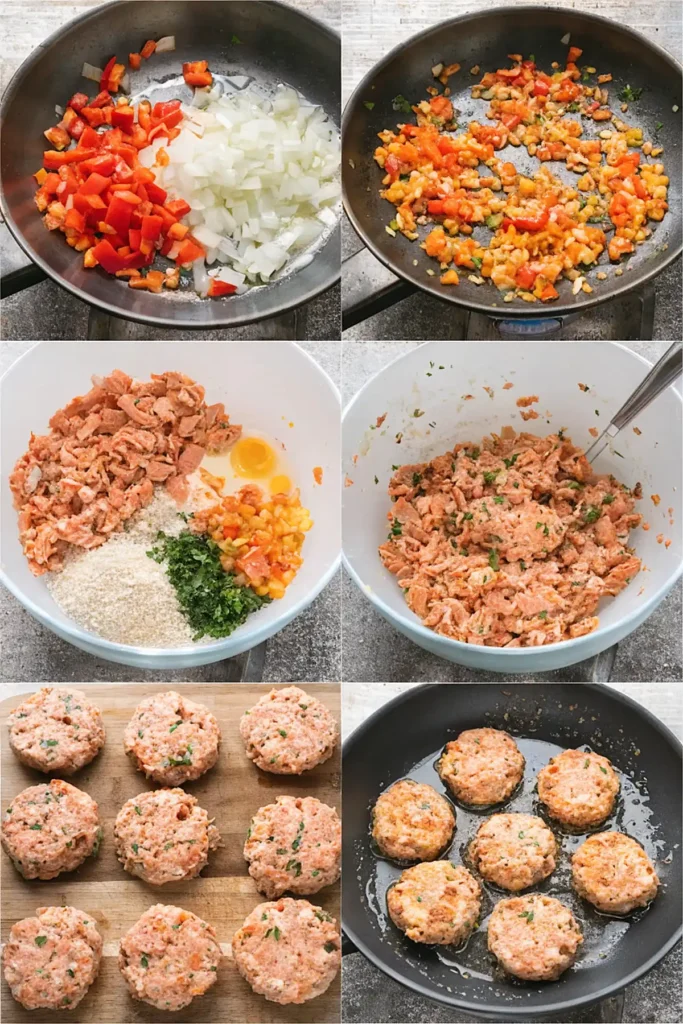 Step by step salmon patties recipe showing sautéed vegetables, mixing ingredients, shaping patties, and pan frying