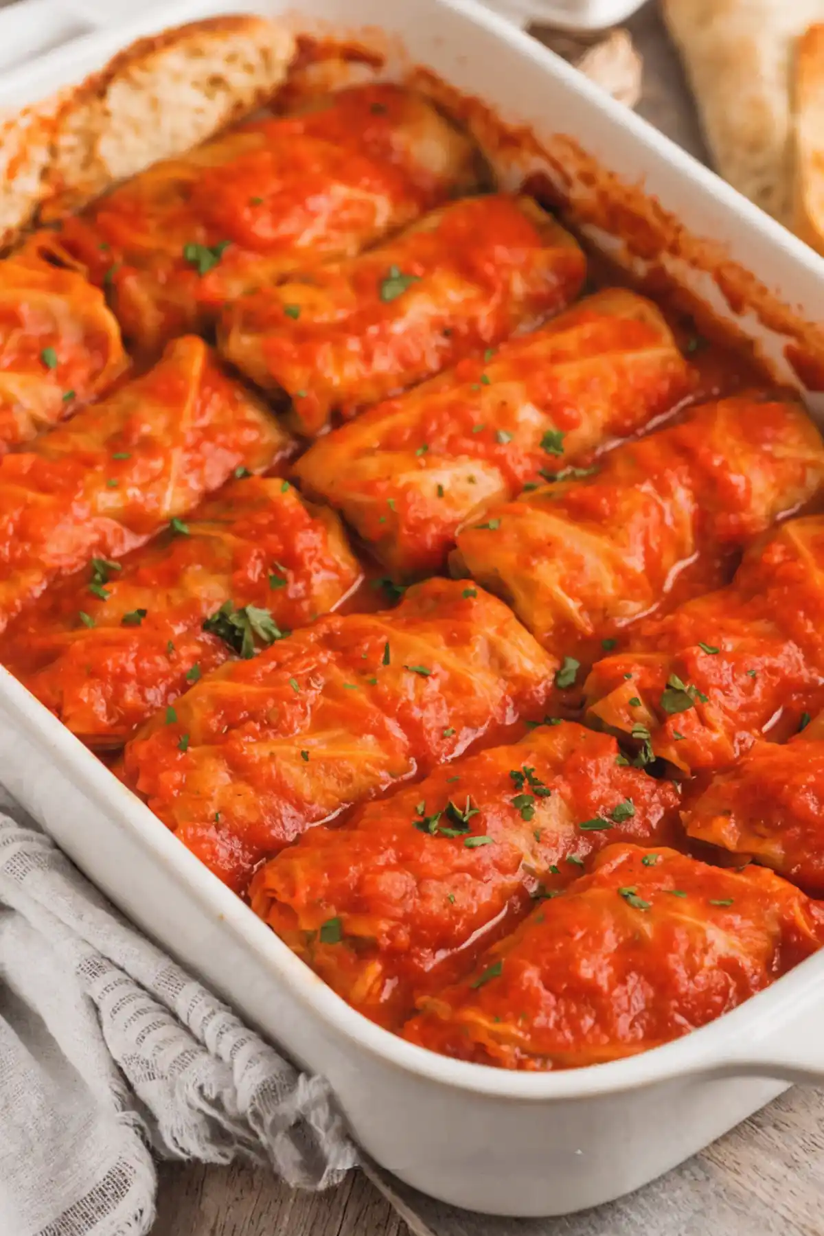 Baked cabbage rolls in tomato sauce served in a white casserole dish with fresh parsley garnish.