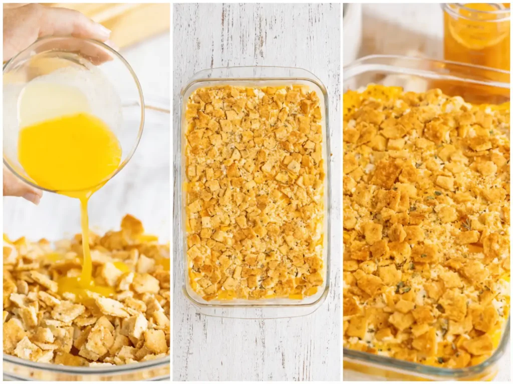 Step by step squash casserole process with melted butter over crackers, unbaked dish, and baked casserole with golden topping