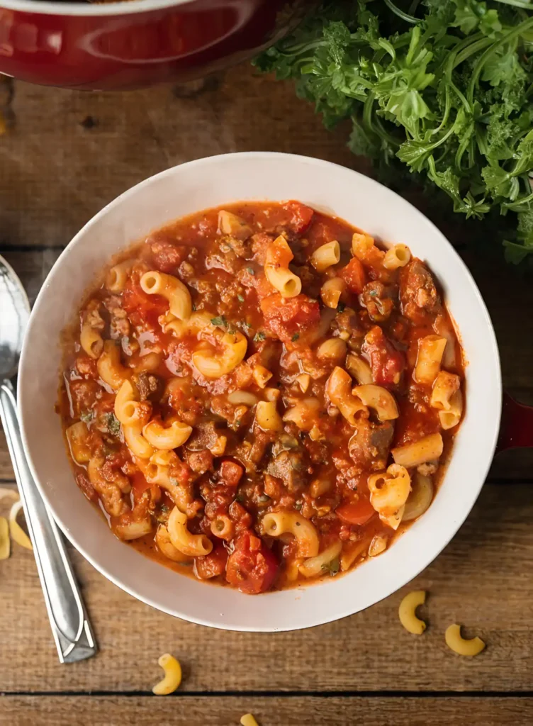 American goulash served in a bowl with macaroni, ground beef, and chunky tomato sauce