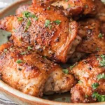 Crispy baked chicken thighs with golden brown skin, seasoned with herbs and black pepper, served on a plate