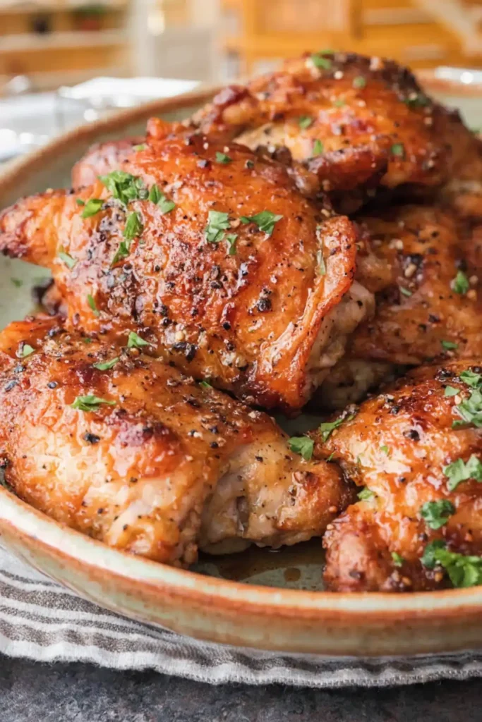 Crispy baked chicken thighs with golden brown skin, seasoned with herbs and black pepper, served on a plate