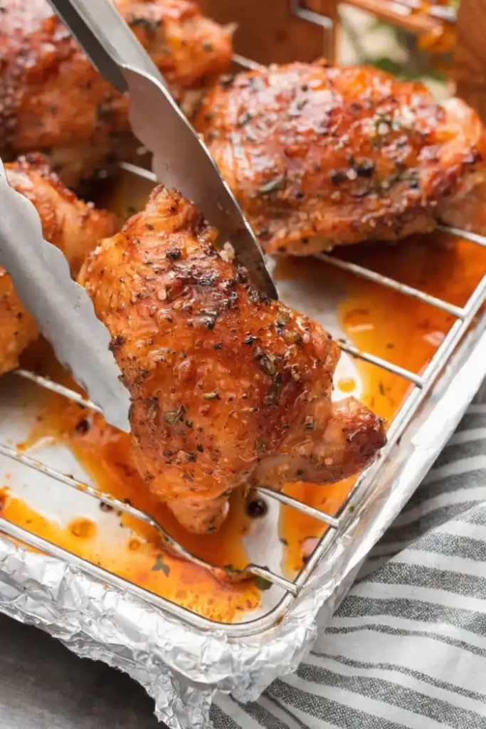 Crispy baked chicken thigh being lifted with tongs from a wire rack, golden skin with herbs and seasoning