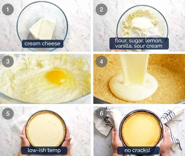 Step by step process of making cheesecake filling and baking it to a smooth, crack free finish
