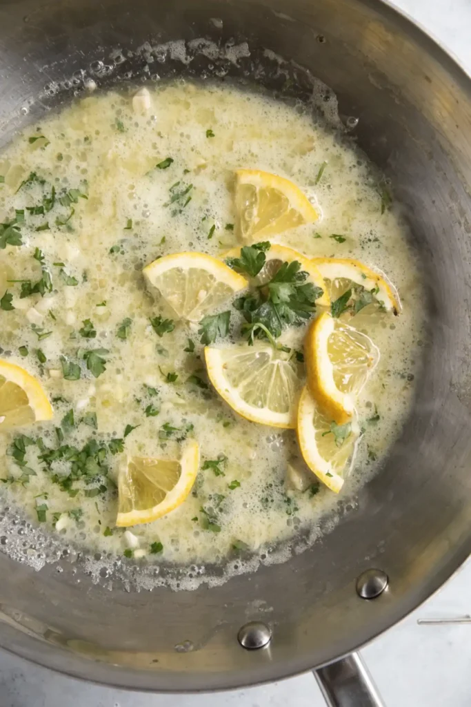 Lemon garlic butter sauce simmering in a skillet with fresh parsley and sliced lemons.
