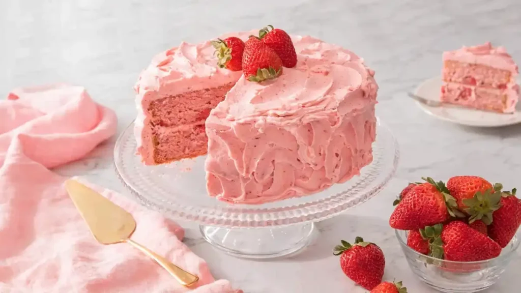 Strawberry cake with pink frosting and a slice removed on a glass stand with fresh strawberries nearby