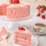 Strawberry cake with pink frosting on a glass stand with a slice on a plate and fresh strawberries