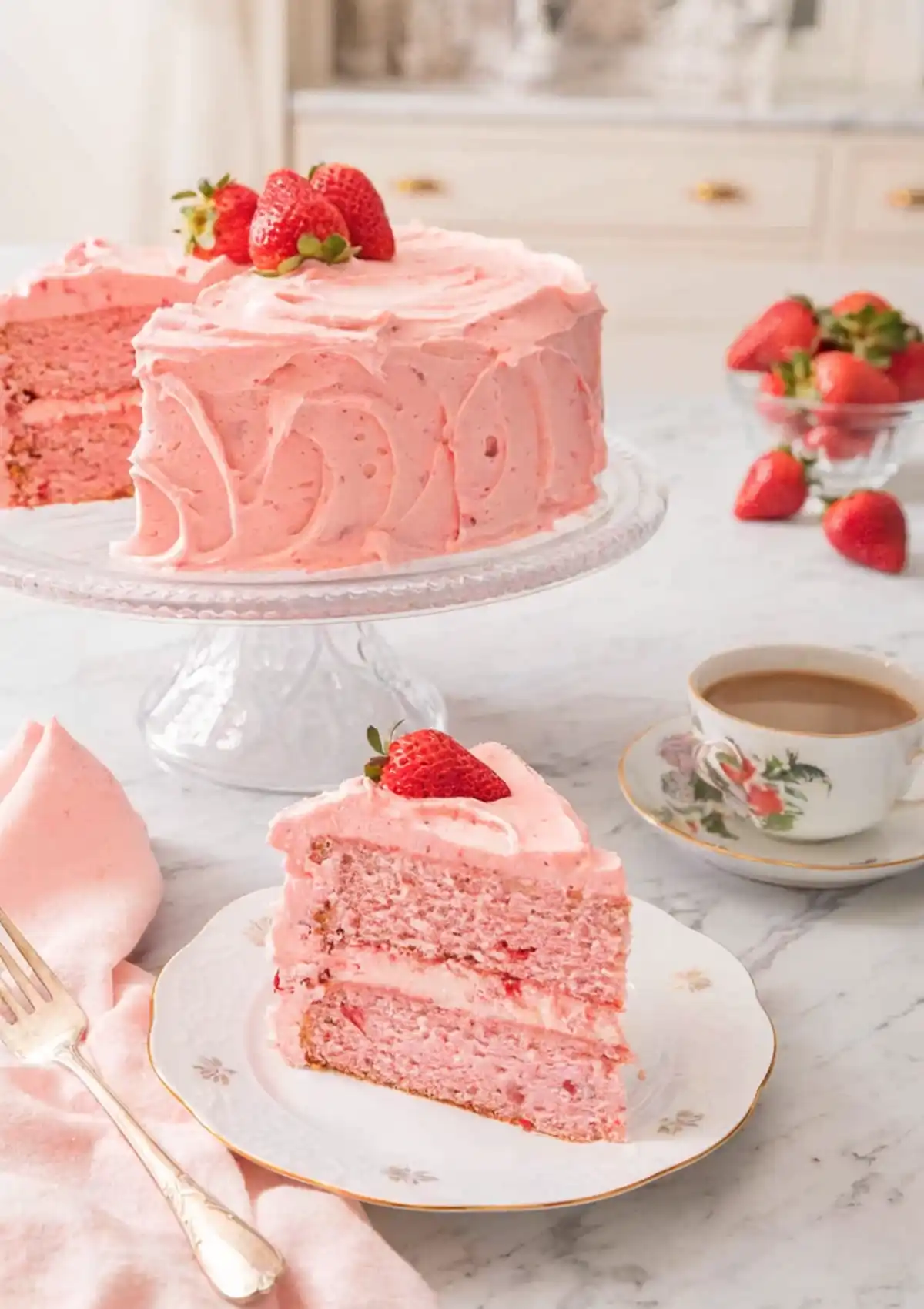 Strawberry cake with pink frosting on a glass stand with a slice on a plate and fresh strawberries