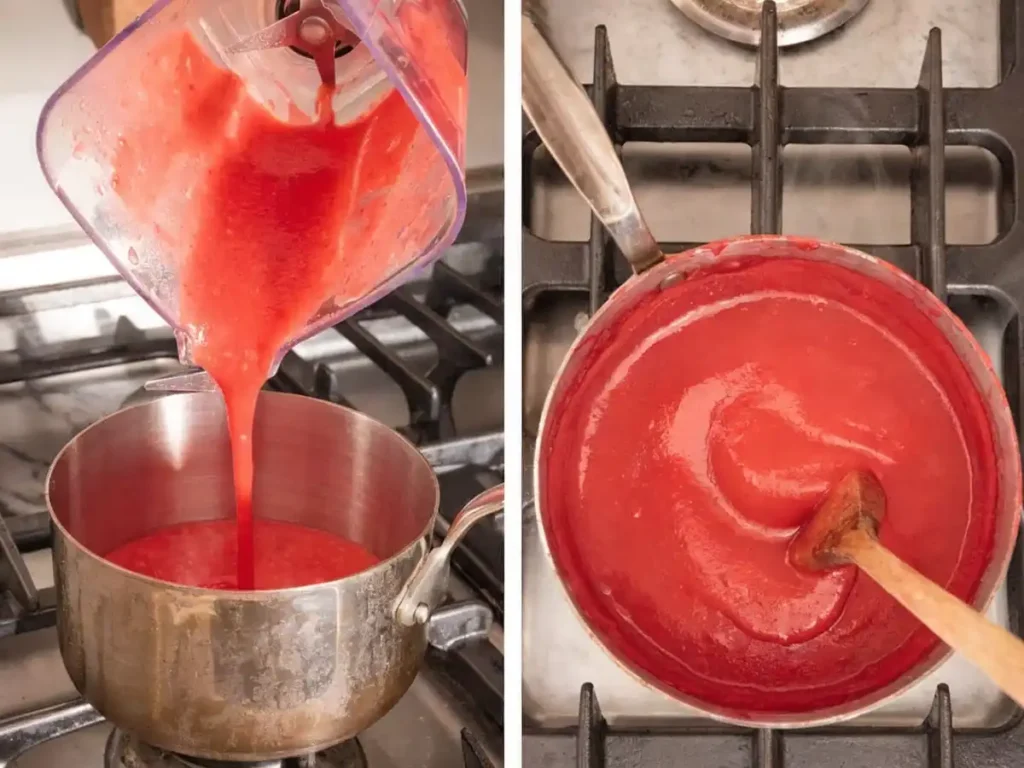 Strawberry puree being poured into a saucepan and cooked into thick strawberry reduction on stovetop