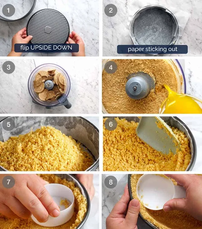 Step by step process of making cheesecake crust using crushed biscuits and melted butter pressed into a lined springform pan
