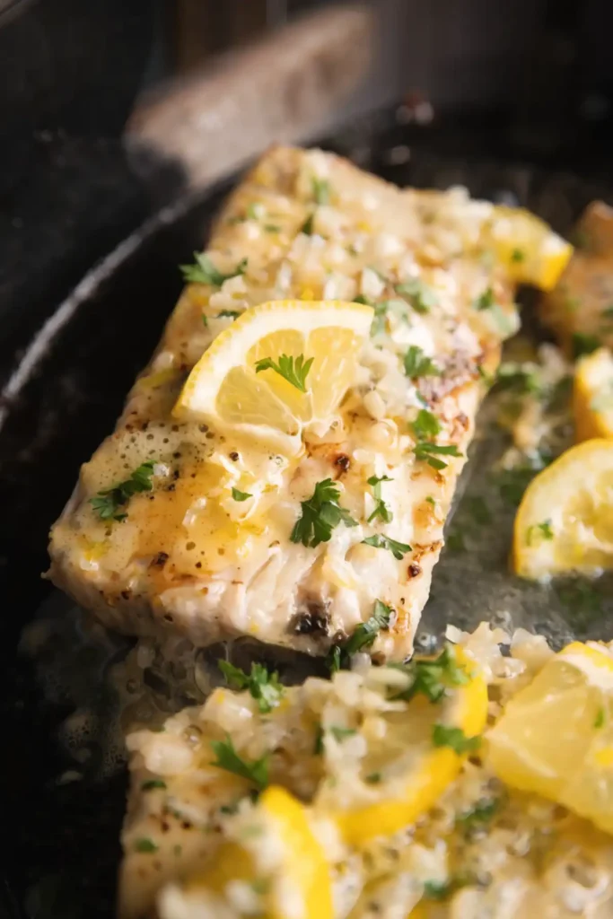 Pan-seared mahi mahi fillet with lemon garlic butter sauce, topped with fresh parsley and a lemon slice in a skillet.