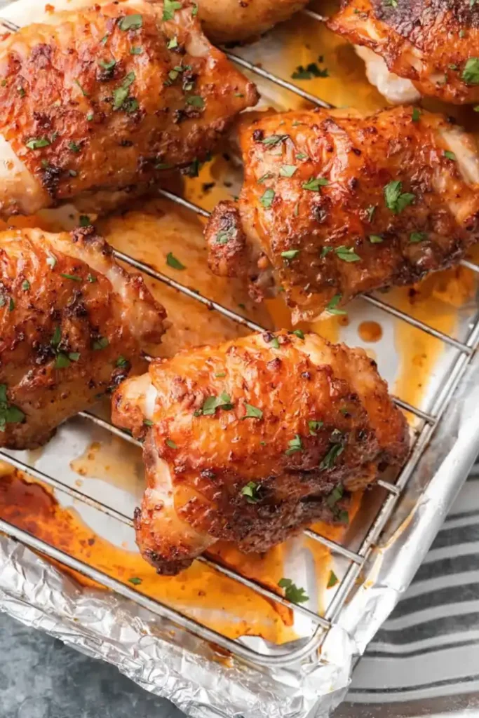 Crispy oven baked chicken thighs on a wire rack with golden skin and herbs