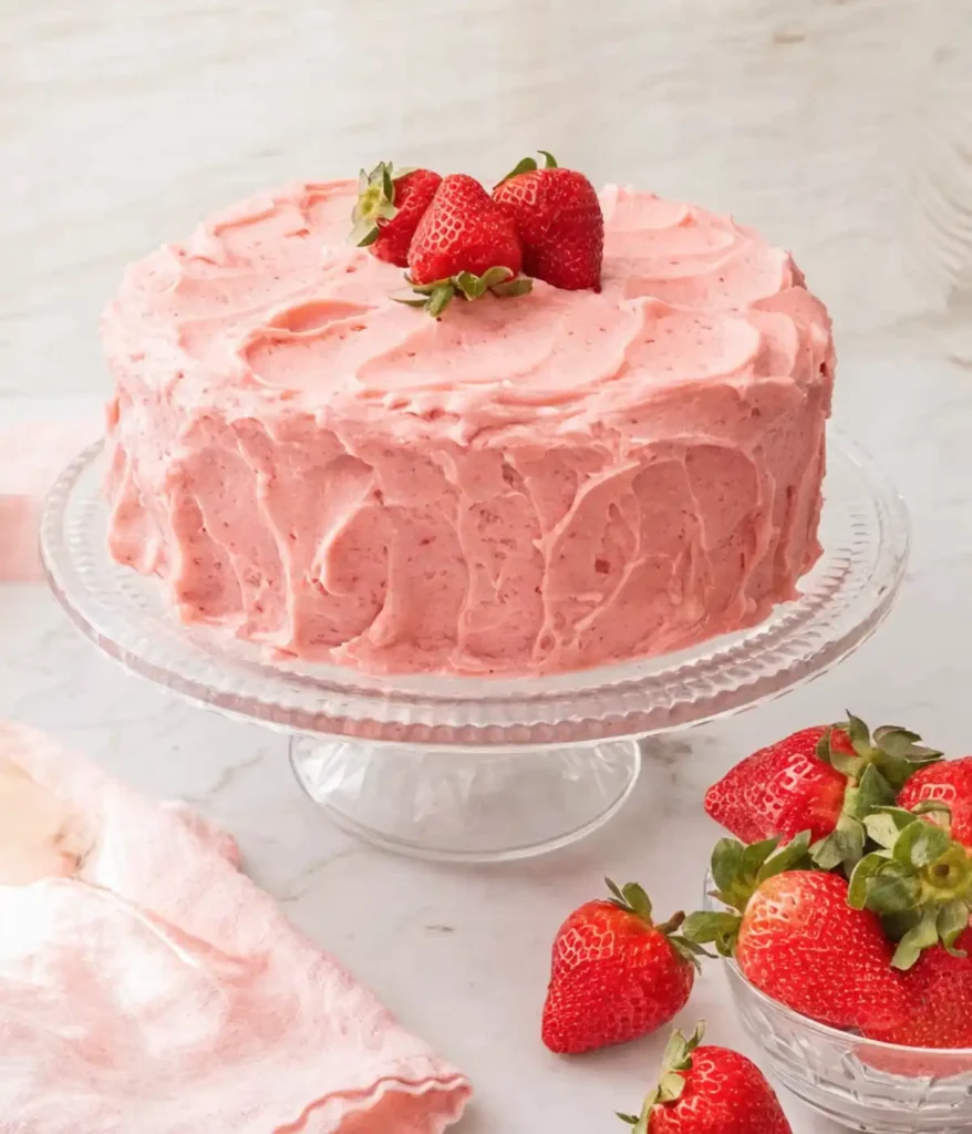 Strawberry cake with pink buttercream frosting on a glass stand topped with fresh strawberries