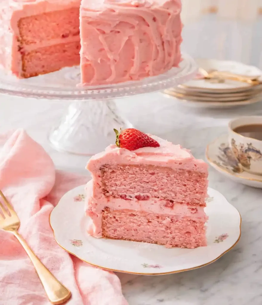 Slice of strawberry cake with pink frosting on a plate with whole cake in the background