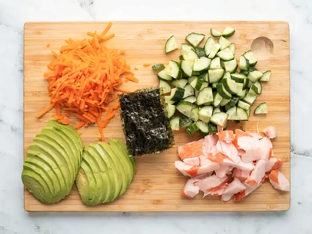 Sushi bowl ingredients on cutting board with sliced avocado, shredded carrot, cucumber, nori, and crab