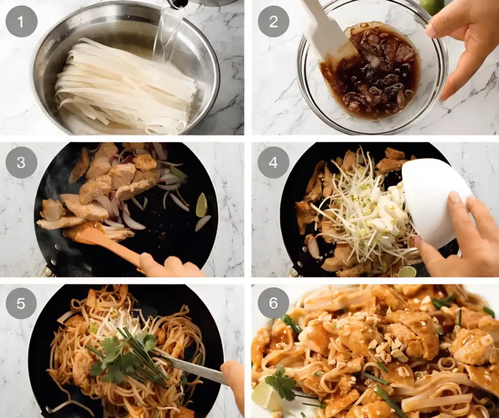Step by step pad thai recipe showing noodle soaking, sauce mixing, stir frying chicken, adding sprouts, and final dish