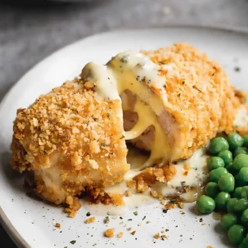 Baked chicken cordon bleu with crispy golden coating, sliced open to reveal melted cheese and ham, served with green peas on a white plate.