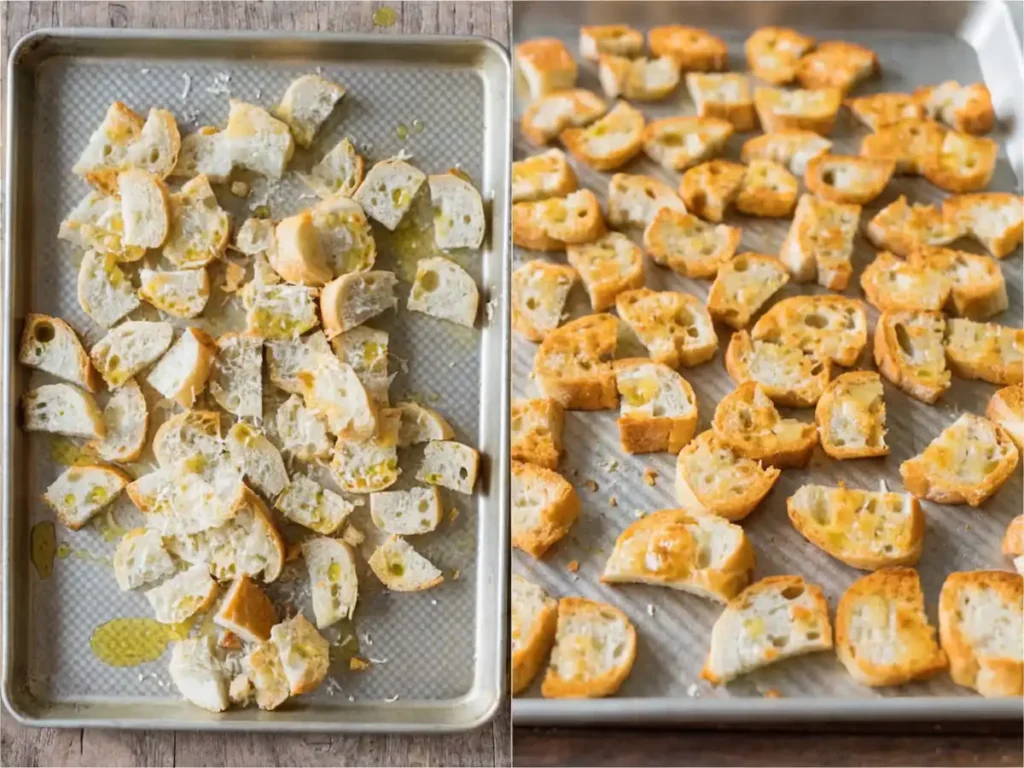 Best Caesar salad recipe croutons before and after baking on a tray with olive oil and parmesan