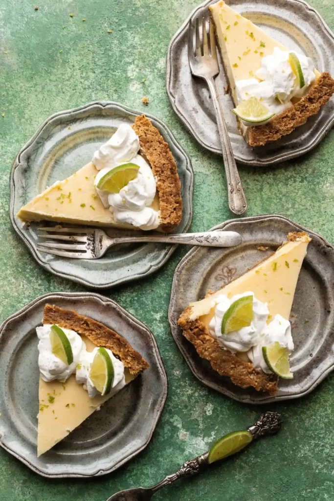Best key lime pie slices served on plates with whipped cream topping and fresh lime wedges