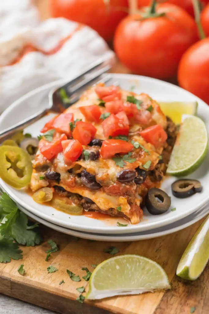 Plated enchilada casserole with beef, black beans, melted cheese, diced tomatoes, and lime wedges on the side