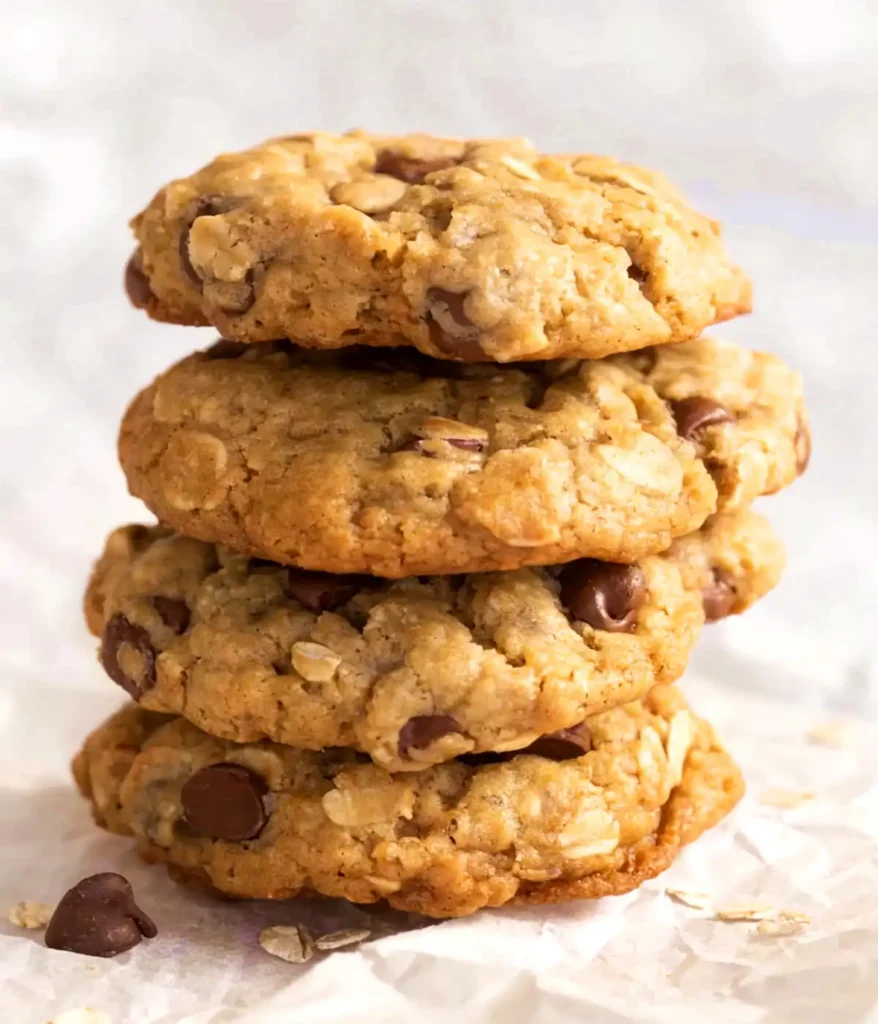 Chewy oatmeal chocolate chip cookies stacked on parchment paper with golden edges, soft centers, visible oats, and rich chocolate chips.