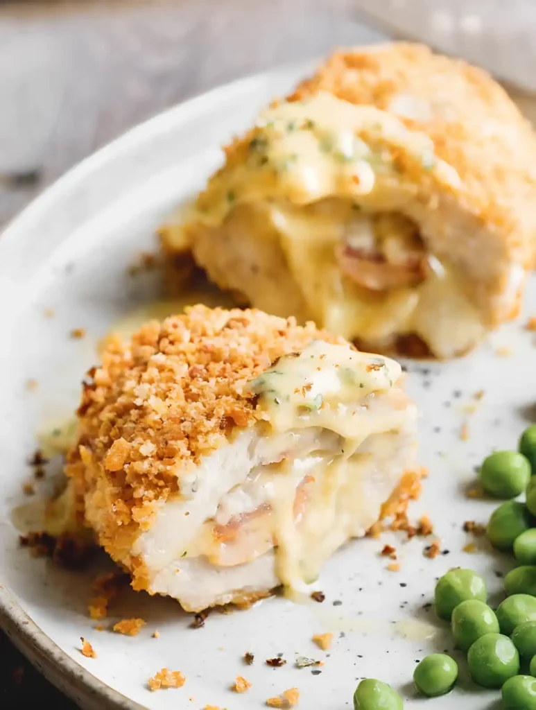 Crispy baked chicken cordon bleu sliced open with melted cheese and ham inside, topped with creamy sauce and served with green peas.