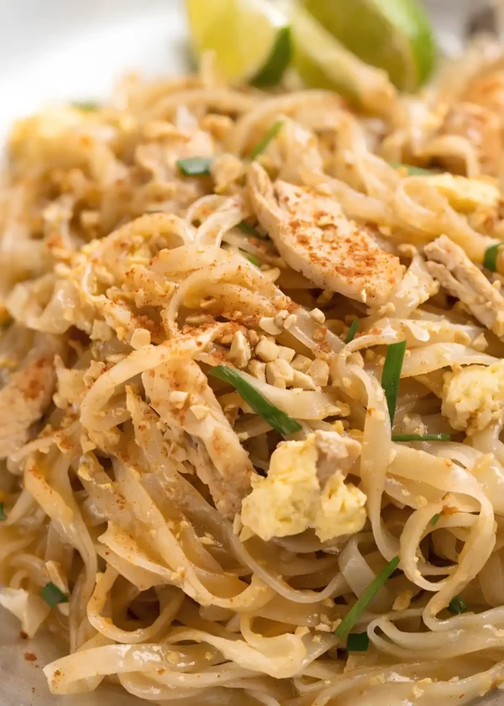 Close up chicken pad thai with rice noodles, eggs, peanuts, chives, and lime garnish