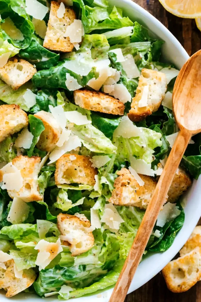 Classic Caesar salad with romaine lettuce, crispy croutons, parmesan shavings, and creamy dressing in a bowl