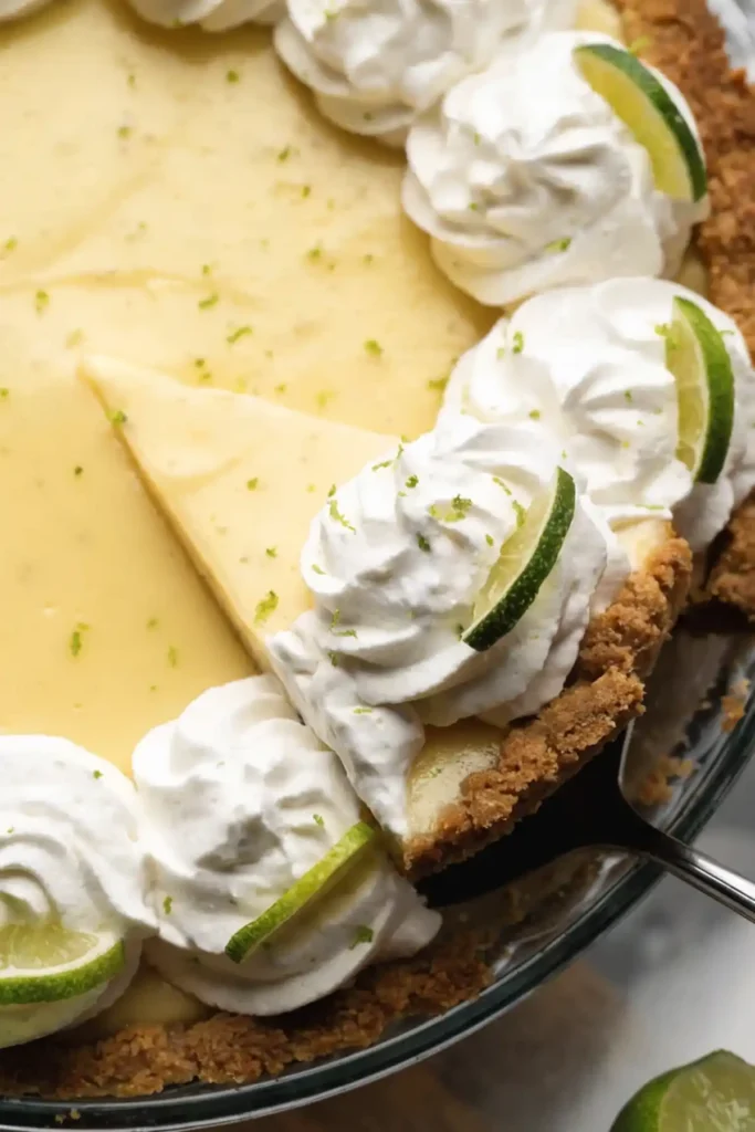 Close up of key lime pie slice with whipped cream topping and lime slices on graham cracker crust