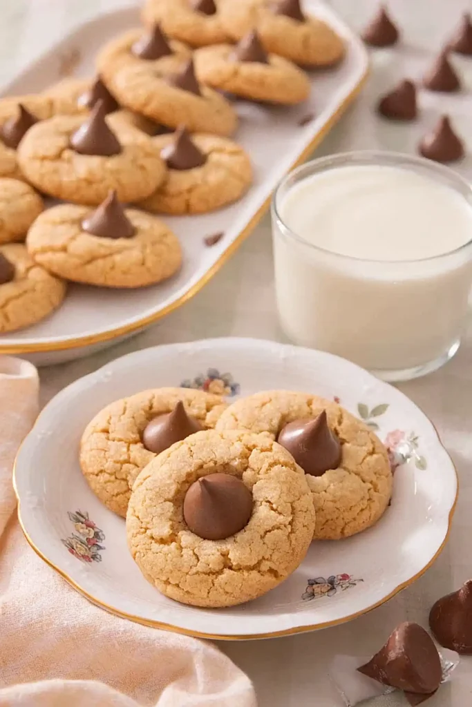 Peanut butter blossom cookies with chocolate kisses on a plate served with a glass of milk