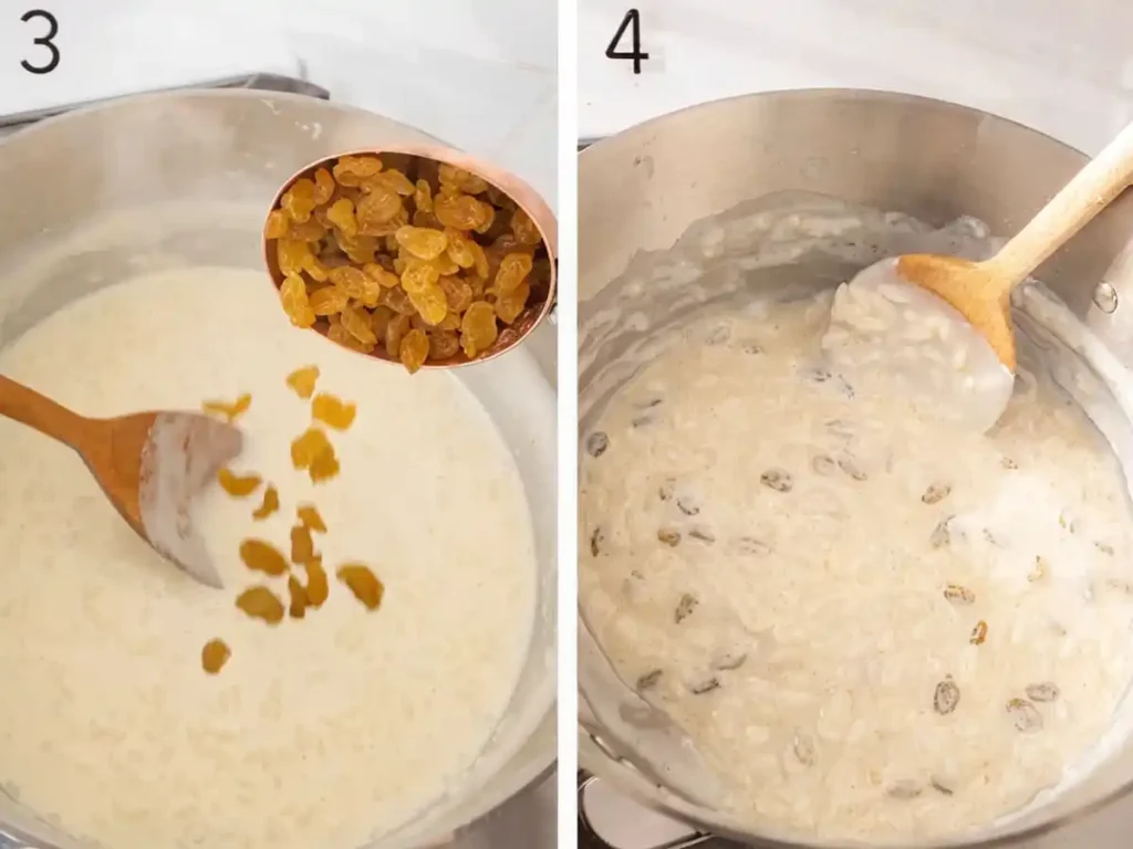 Adding raisins and stirring thickened rice pudding in a saucepan