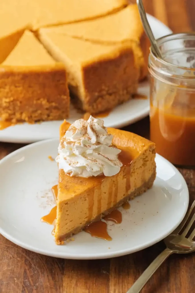 Pumpkin cheesecake slice with whipped cream and caramel drizzle on a white plate