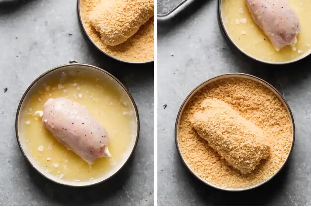 Chicken cordon bleu being dipped in melted butter and coated in fine crumbs before baking, shown in a step-by-step food prep scene.