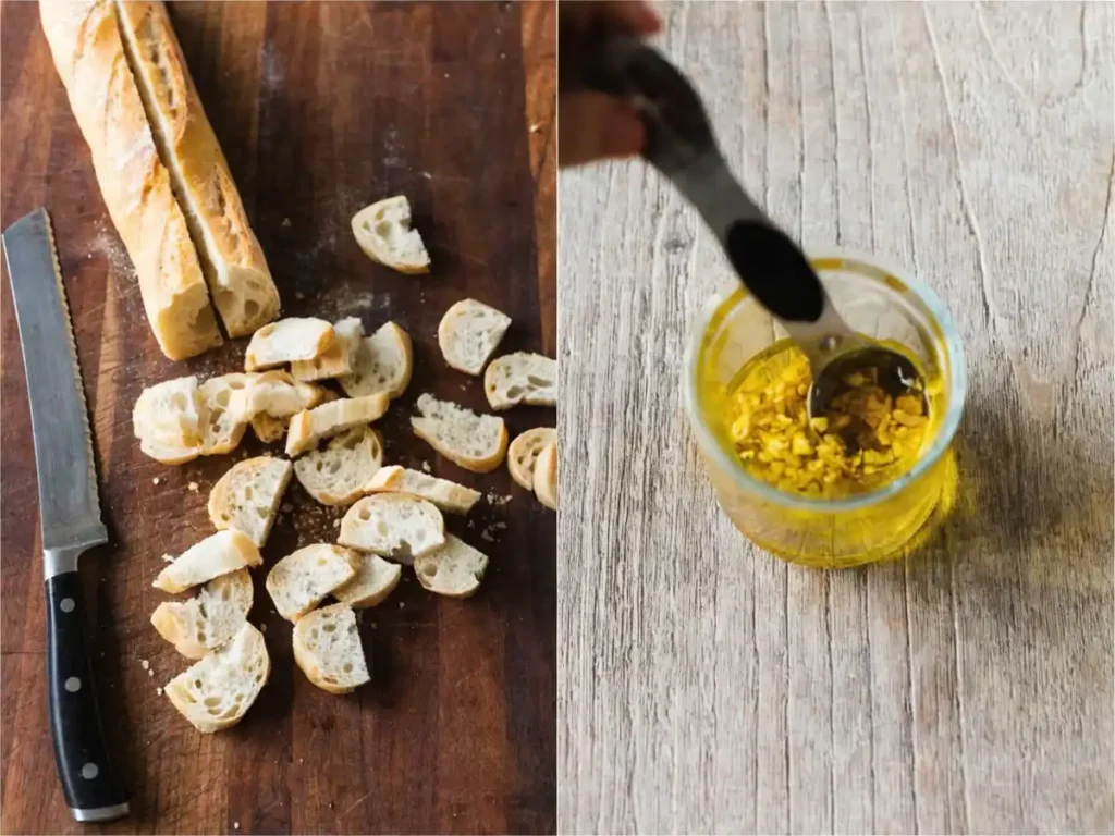 Easy Caesar salad recipe prep with sliced baguette and garlic olive oil mixture on a wooden surface