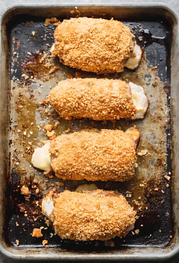 Baked chicken cordon bleu on a tray with crispy golden coating and melted cheese slightly oozing out during cooking.