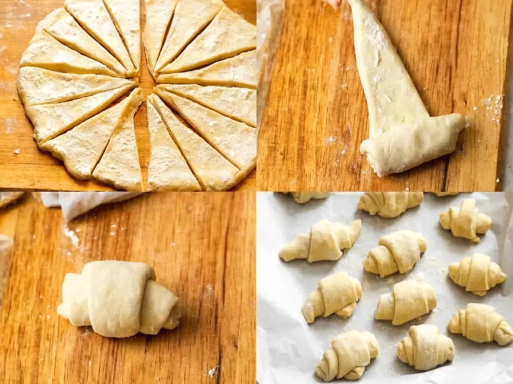 Step by step crescent rolls shaping process showing dough cut into triangles and rolled into classic crescent shapes