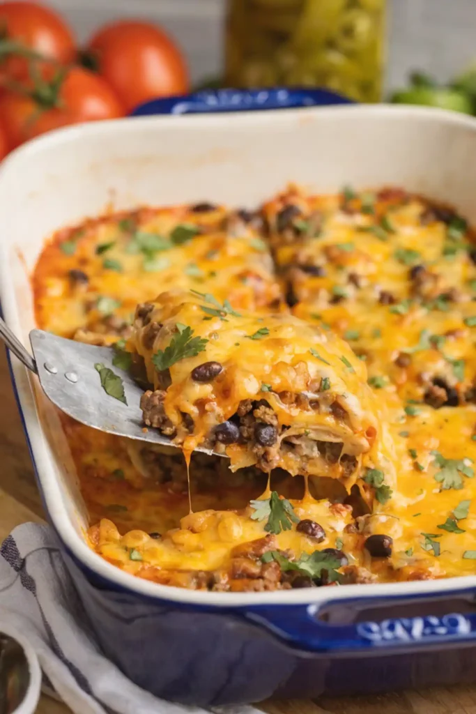 Close up of cheesy beef enchilada casserole being served with melted cheese, black beans, and cilantro from a baking dish