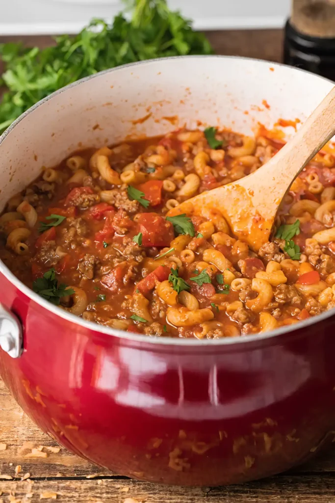 Easy goulash in a red pot with macaroni, ground beef, and tomato sauce, stirred with a wooden spoon