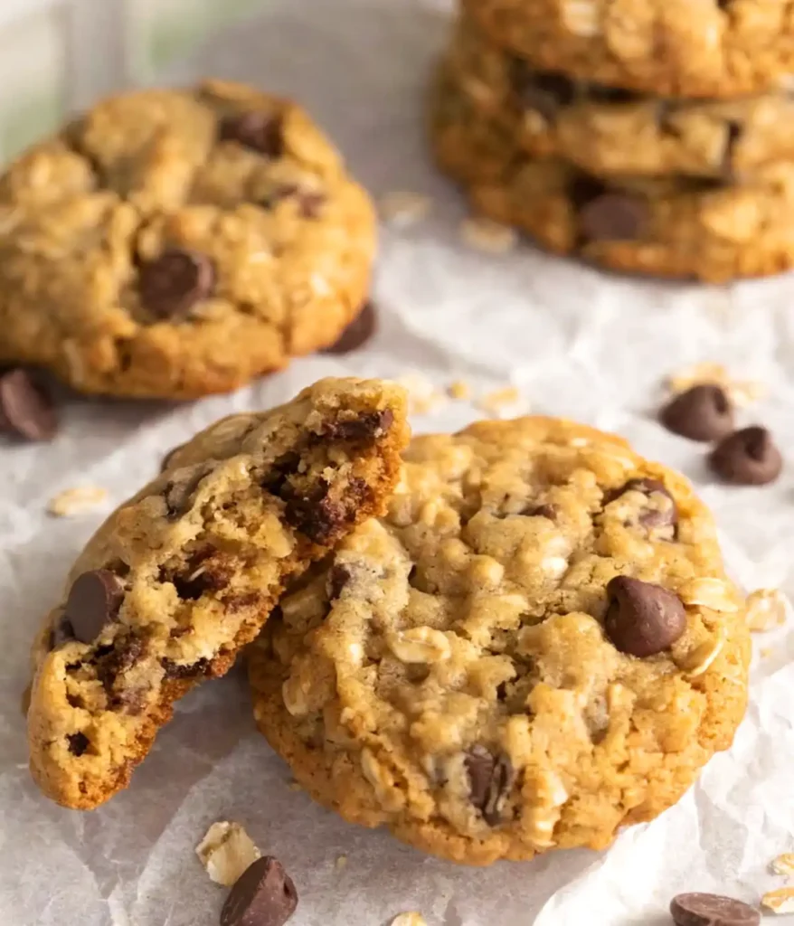 Easy oatmeal chocolate chip cookies on parchment paper with one broken cookie showing soft center, golden edges, oats, and chocolate chips.