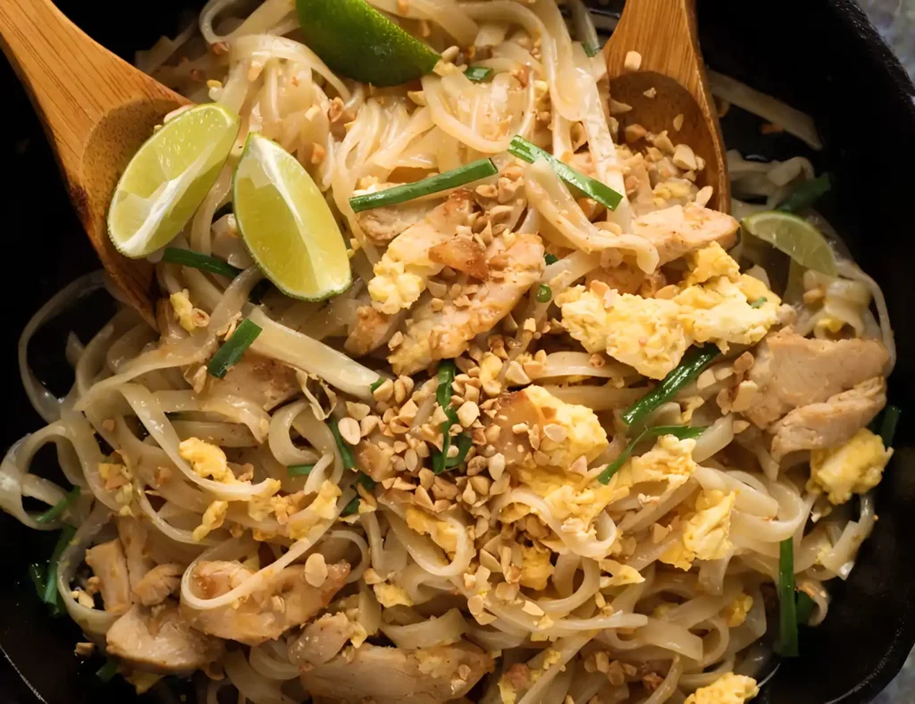 Easy chicken pad thai with rice noodles, eggs, peanuts, chives, and lime wedges in a skillet
