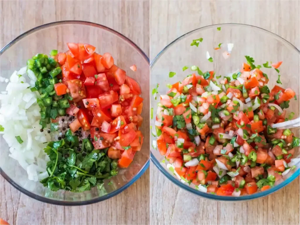 Step by step pico de gallo recipe showing chopped ingredients and mixed salsa in glass bowls
