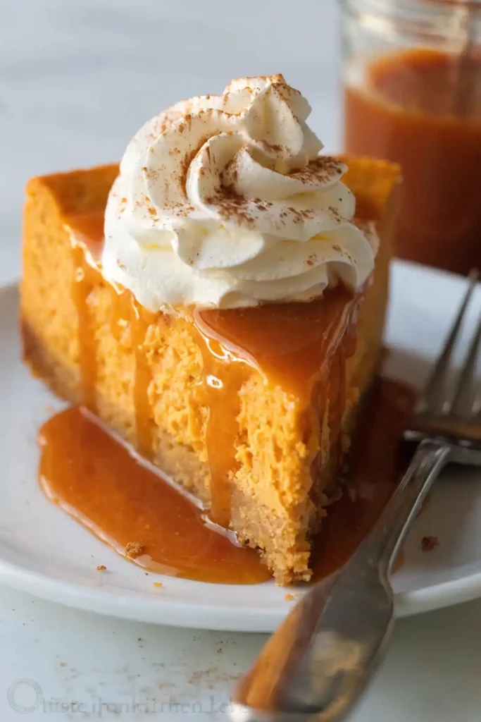 Pumpkin cheesecake slice with whipped cream and caramel sauce dripping on a white plate