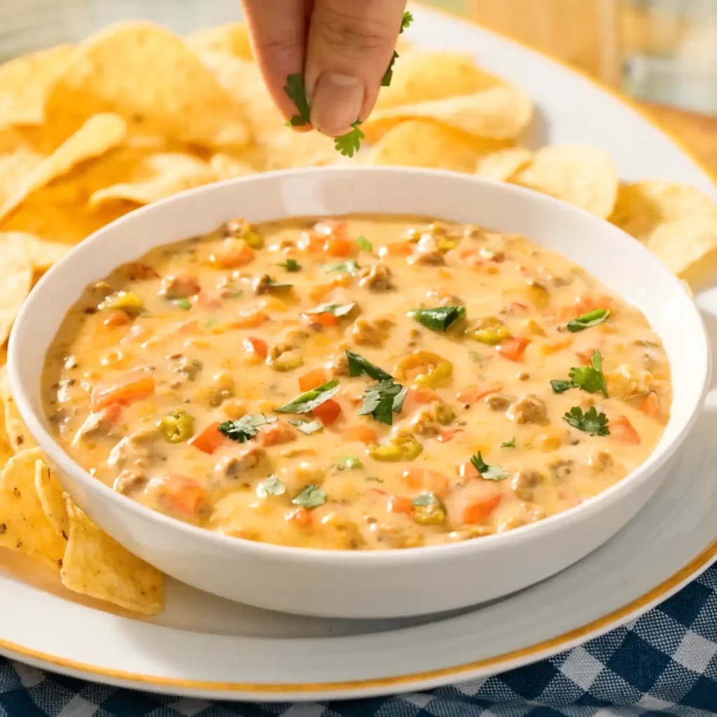 Easy rotel dip in a white bowl topped with herbs, served with tortilla chips while a hand adds cilantro.
