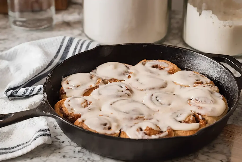 Easy sourdough cinnamon rolls in a cast iron skillet topped with smooth glaze and soft golden swirls